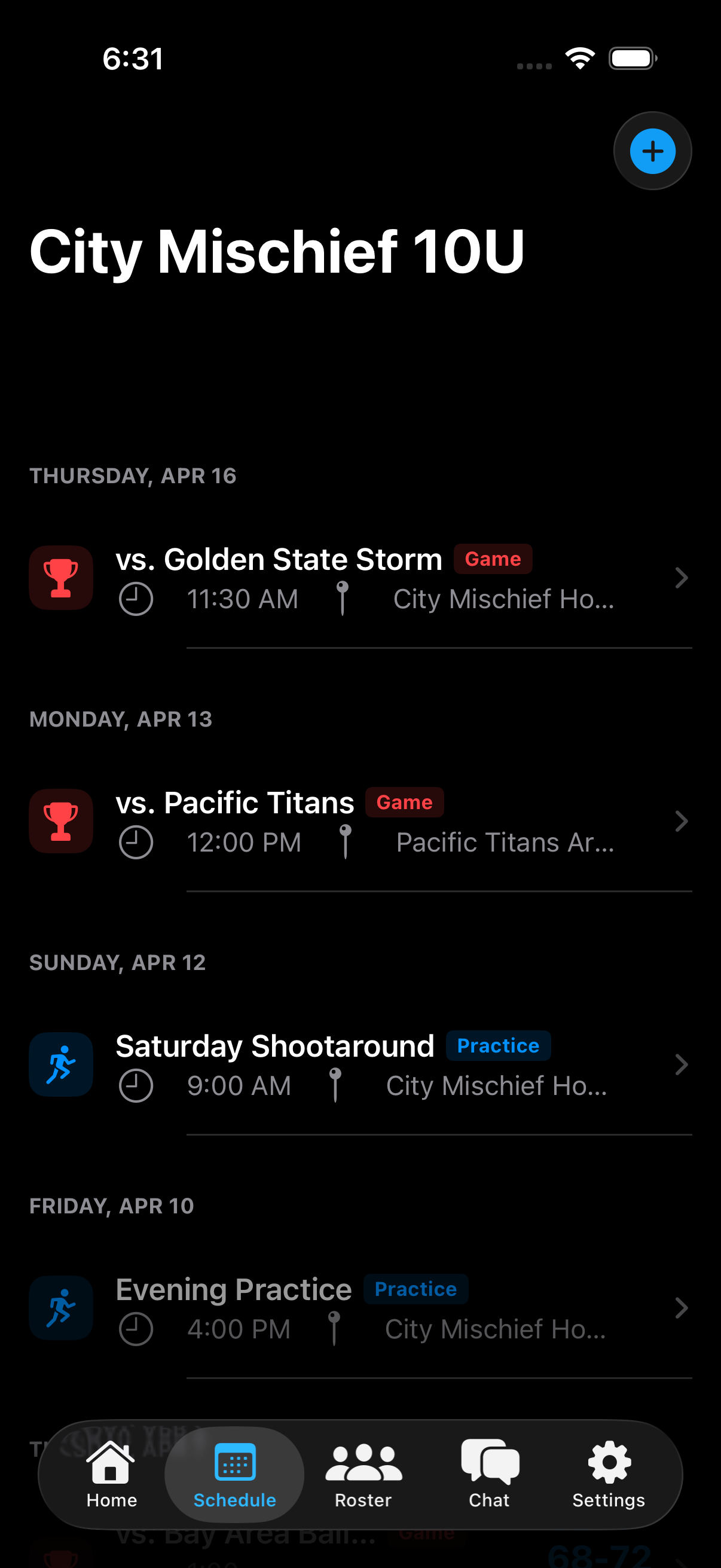 The team schedule in the app